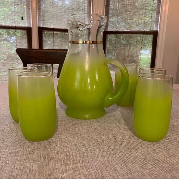 Vintage MCM Kitchen Blendo Lime Green Pitcher 6 Glass Set - Picture 7 of 10